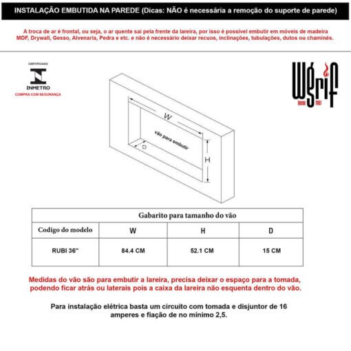 Lareira Elétrica Wgrif De Embutir Rubi 36" 220V - Imagem 5