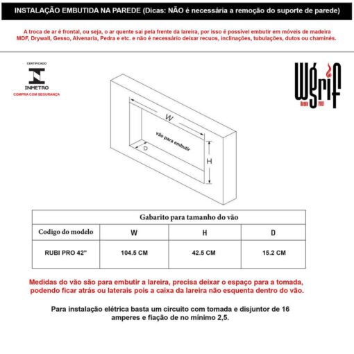 Lareira Elétrica Wgrif De Embutir Rubi Pro 42" 127V - Imagem 9