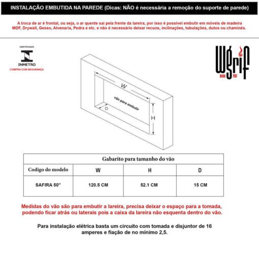 Lareira Elétrica Wgrif De Embutir Safira 50" Branca 220V - 1800W - Imagem 10
