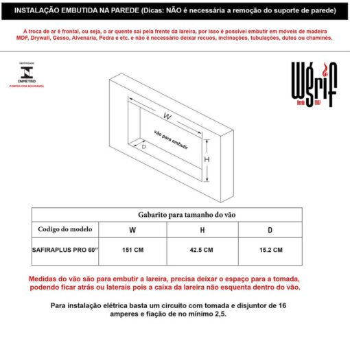 Lareira Elétrica Wgrif De Embutir SafiraPlus Pro 60" 220V - Imagem 8