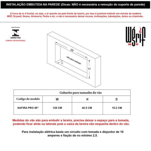 Lareira Elétrica Wgrif De Embutir Safira Pro 50" 127V - Imagem 7
