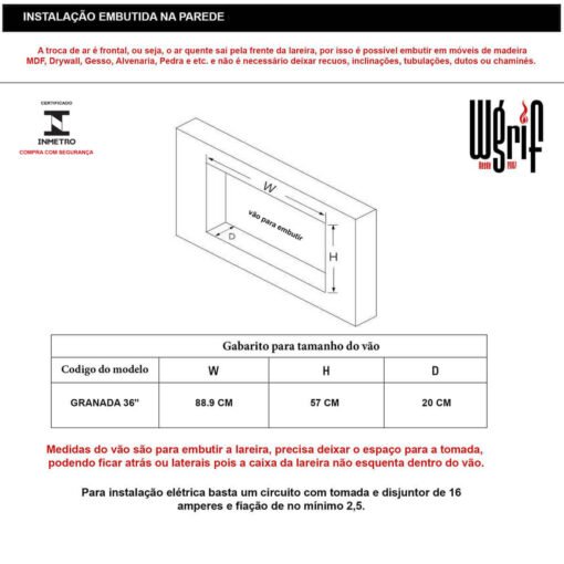 Lareira Elétrica Wgrif  De Embutir Granada 36" 220V 1800 Watts Modelo Tradicional - Imagem 8
