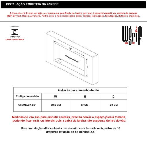Lareira Elétrica Wgrif  De Embutir Granada 28" 220V 1800 Watts Modelo Tradicional - Imagem 6