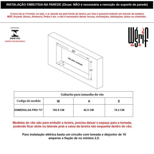 Lareira Elétrica Wgrif De Embutir Esmeralda Pro 73" 127V - Imagem 4