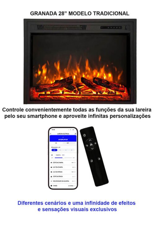 Lareira Elétrica Wgrif  De Embutir Granada 28" 220V 1800 Watts Modelo Tradicional